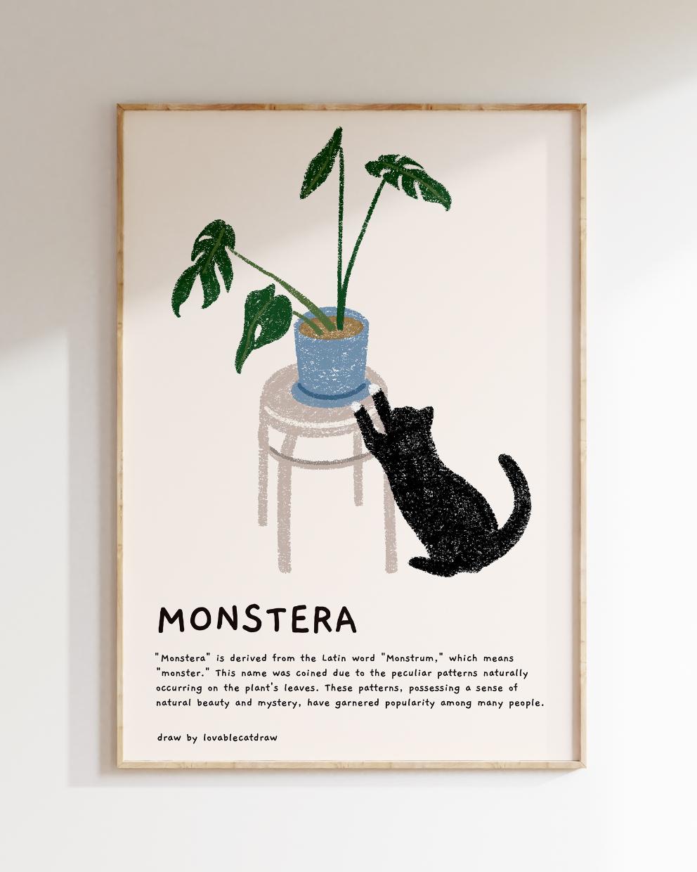 몬스테라 고양이 핸드드로잉 포스터 The Cat Playing with the Monstera Hand Drawing Poster Wall Art