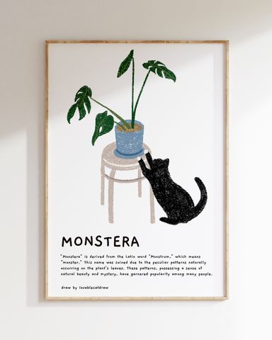 몬스테라 고양이 핸드드로잉 포스터 The Cat Playing with the Monstera Hand Drawing Poster Wall Art